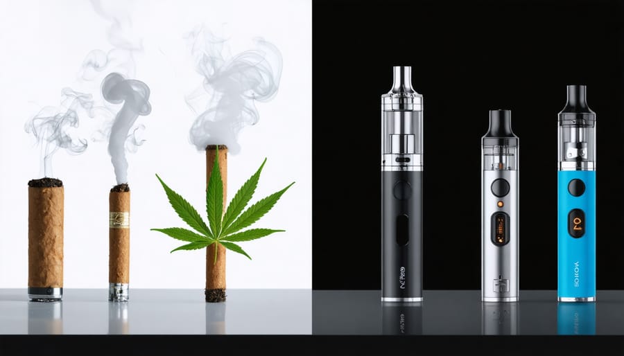 Side-by-side comparison of traditional cannabis smoking methods with smoke clouds and modern vaping technology featuring sleek, digital vaporizers.