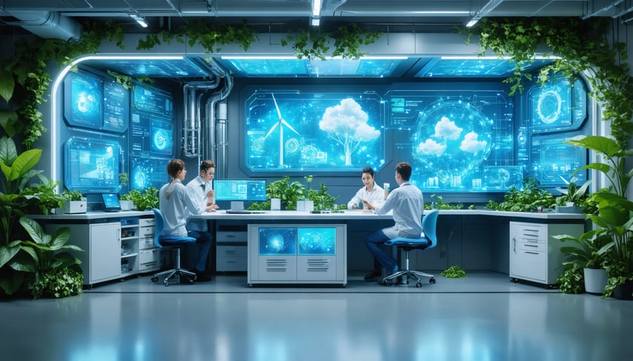 A modern CBD testing laboratory showcasing energy-efficient equipment and renewable energy sources, with lab technicians implementing sustainable testing protocols amidst environmentally friendly surroundings.