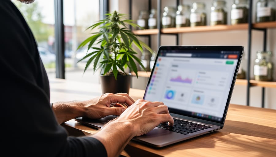 Over-the-shoulder view of a cannabis dispensary manager using a laptop to update online listings and backlinks, hands on keyboard with soft daylight; blurred shelves with cannabis jars and a potted plant in the background.
