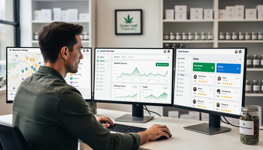 Overhead view of dispensary owner managing online business presence on laptop