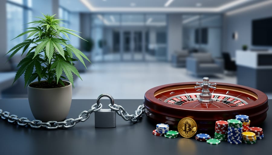 Small potted cannabis plant and roulette wheel with chips and a bitcoin coin on a tabletop, divided by a heavy chain and padlock, shot from a 45-degree angle with a blurred modern bank lobby in the background.