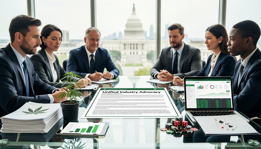 Business professionals collaborating in meeting representing industry advocacy