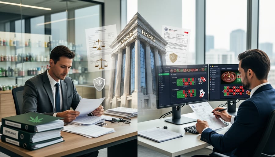 Business desk with laptop and regulatory documents showing compliance challenges