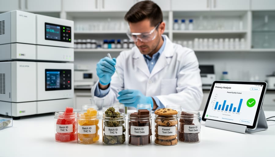 Laboratory technician examining cannabis edibles under controlled testing conditions