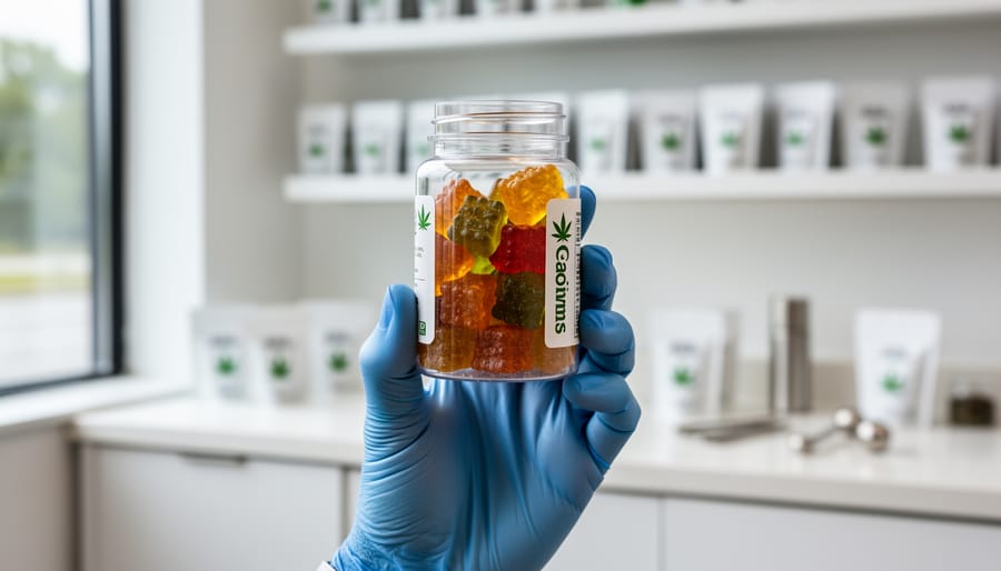 Gloved hand holding a sealed child-resistant jar of cannabis gummies with a tamper-evident band, lit by soft daylight, with a blurred licensed dispensary counter and neatly arranged sealed packages in the background.