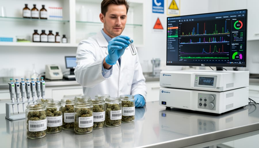 Laboratory technician examining cannabis sample for quality and safety testing