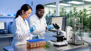 Two lab scientists analyze cannabinoid extracts with chromatography equipment, pipetting into sample vials beside a small cannabis leaf and microscope, in a softly lit modern lab with a blurred glass-walled grow room of cannabis plants behind them.