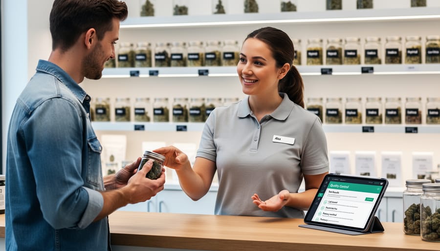 Dispensary employee consulting with customer about cannabis edibles quality