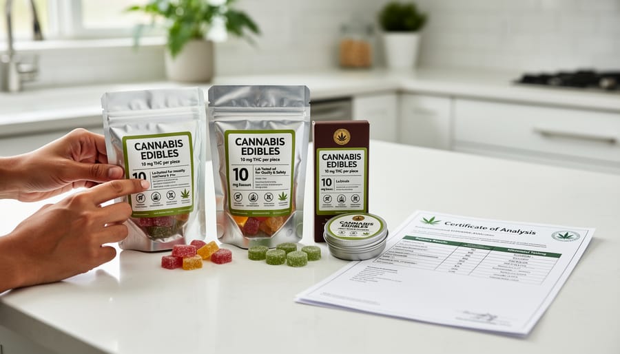 Cannabis edible product with certificate of analysis showing quality testing results