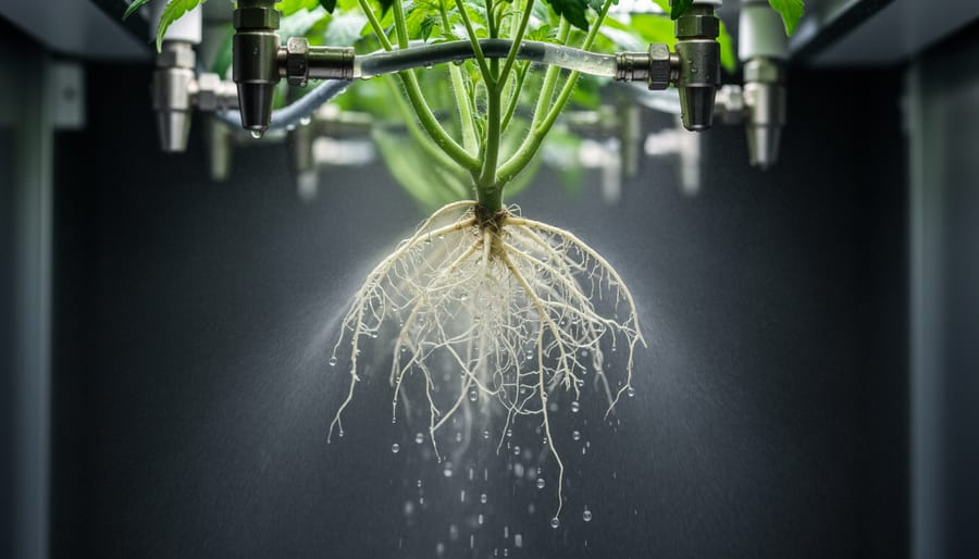 Close-up of cannabis roots suspended in aeroponic misting chamber
