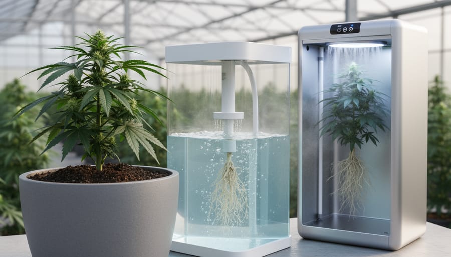Healthy cannabis plants shown in three growing environments: soil pot, hydroponic reservoir system, and aeroponic mist chamber.