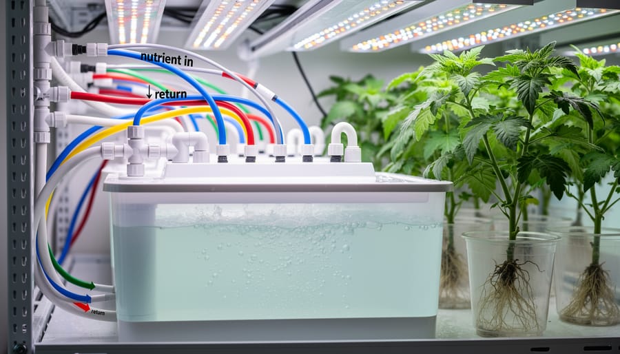 Hydroponic cannabis seedlings with clear nutrient reservoir tanks and connected tubes in a clean grow area