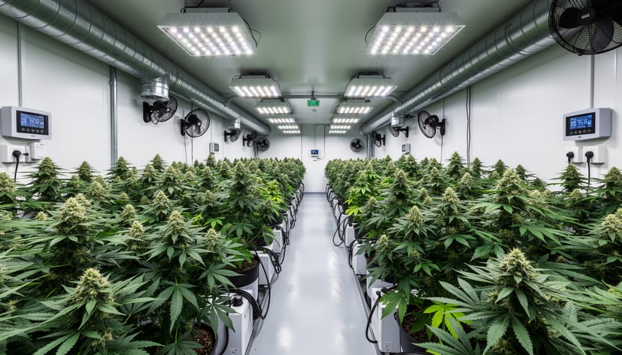 Indoor cannabis grow room with LED lights, ventilation fan, and nearby environmental control equipment