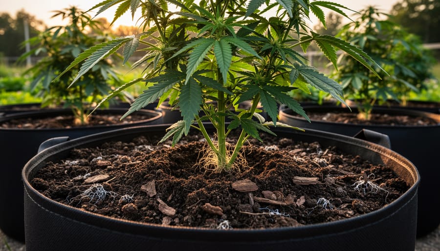 Healthy cannabis plant growing in dark living soil with visible organic texture near the base