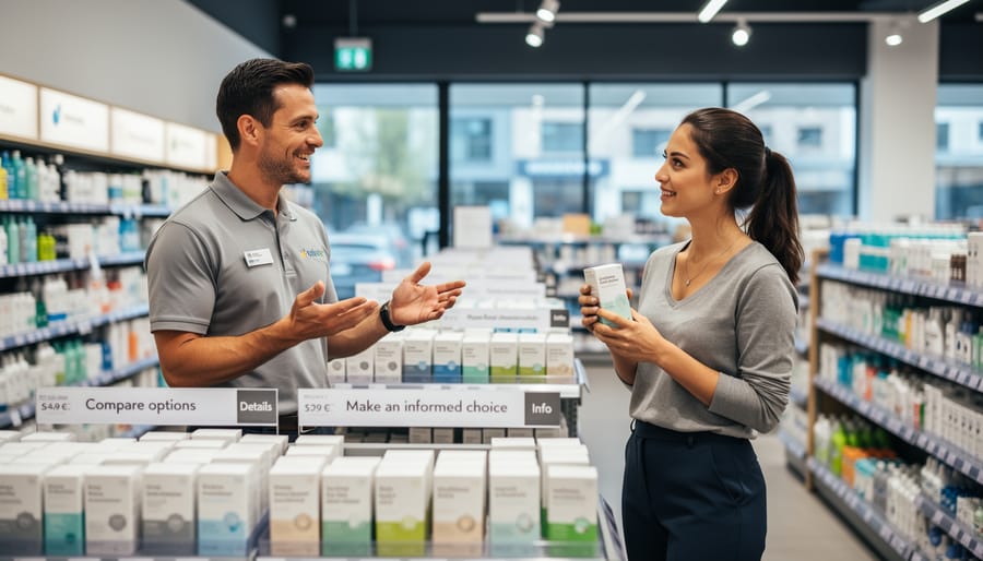 Budtender and customer reviewing a cannabis product container at a dispensary counter