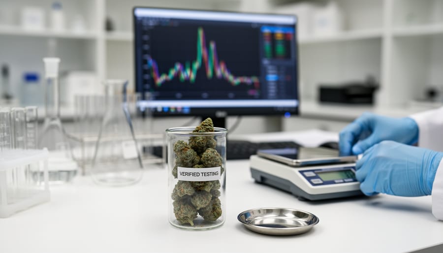 Cannabis bud placed on a lab bench next to a sealed vial and evidence-style bag