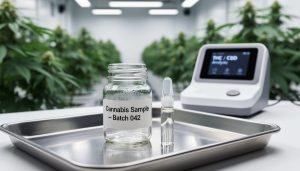 Close-up of a sealed cannabis sample jar and stainless-steel lab equipment with blurred cannabis plants and testing tools in the background.
