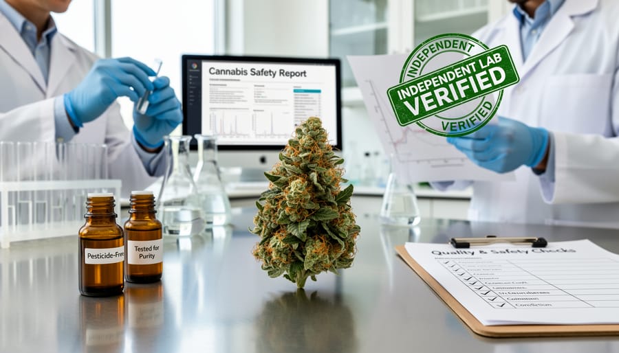 Close view of a cannabis bud on a lab bench with a gloved technician nearby