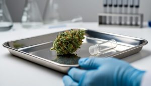 A cannabis flower bud on a stainless-steel lab tray next to a transparent sample vial under clean laboratory lighting.