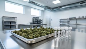Cannabis buds and lab-style vials on a stainless steel inspection bench inside a modern, clean processing facility representing third-party quality certification.